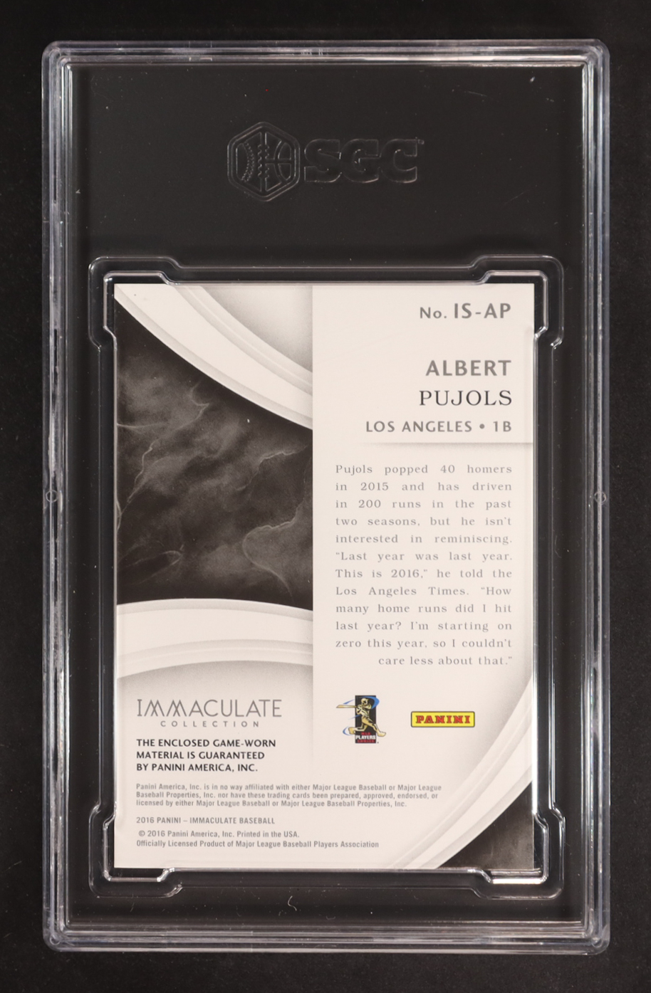 Albert Pujols 2016 Immaculate Collection Immaculate Swatches Prime #70 #1/3 (SGC 8.5) at PristineAuction.com Albert Pujols 2016 Immaculate Collection Immaculate Swatches Prime #70 #1/3 (SGC 8.5) at PristineAuction.com