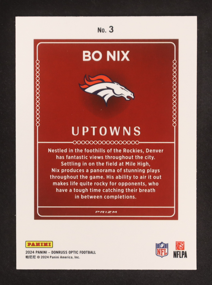 Bo Nix 2024 Donruss Optic Uptowns #3 RC at PristineAuction.com Bo Nix 2024 Donruss Optic Uptowns #3 RC at PristineAuction.com