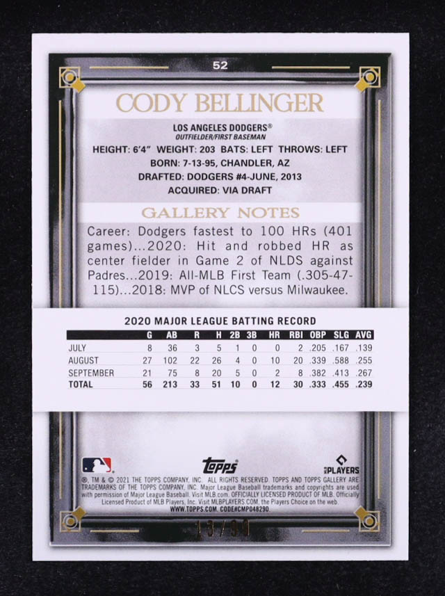 Cody Bellinger 2021 Topps Gallery Green Pattern #52 #13/99 at PristineAuction.com Cody Bellinger 2021 Topps Gallery Green Pattern #52 #13/99 at PristineAuction.com