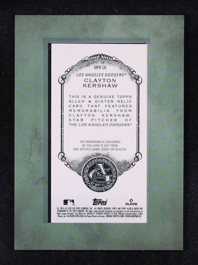 Clayton Kershaw 2023 Topps Allen and Ginter Mini Framed Relics #MFRCK at PristineAuction.com Clayton Kershaw 2023 Topps Allen and Ginter Mini Framed Relics #MFRCK at PristineAuction.com