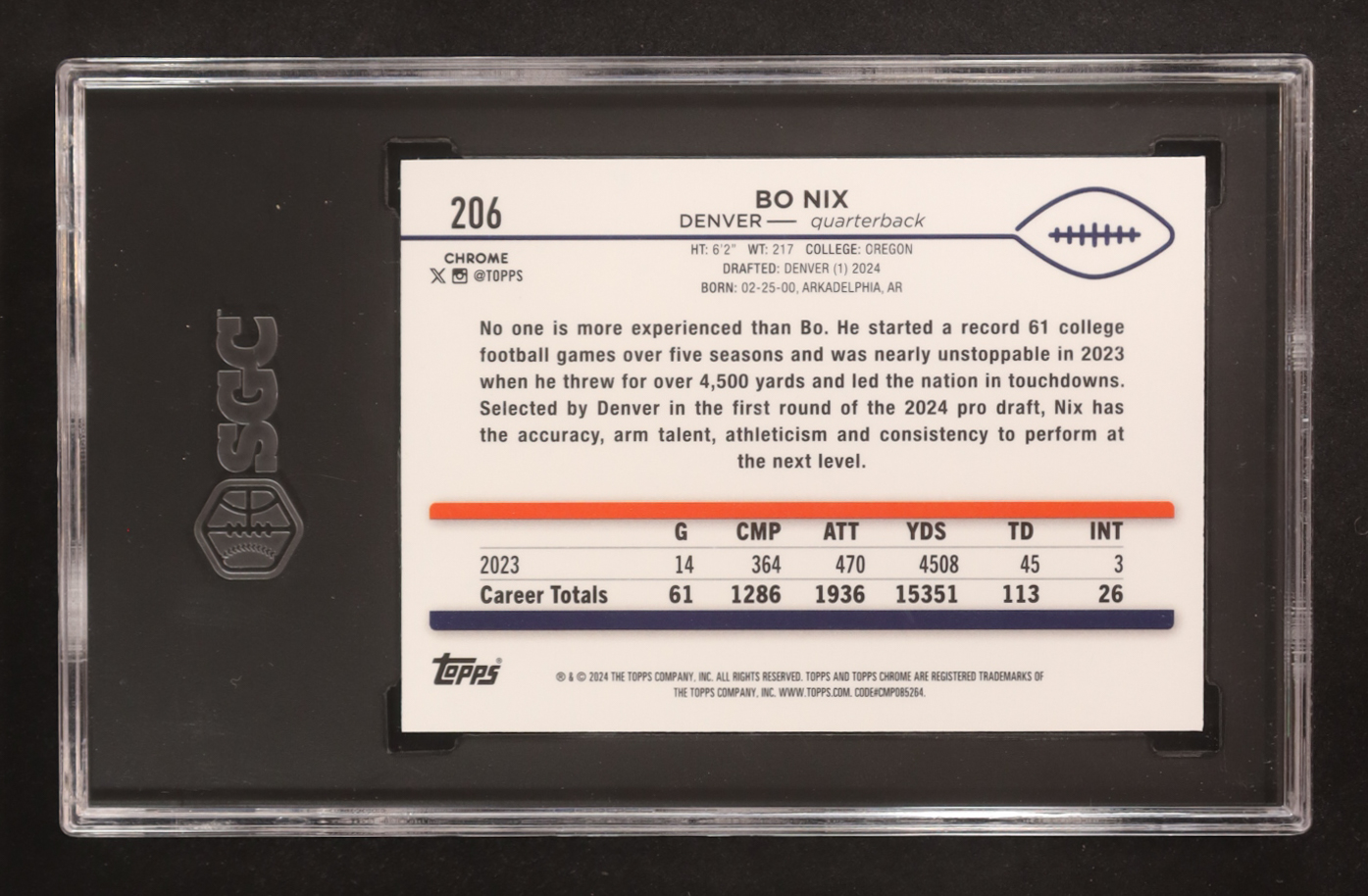 Bo Nix 2024 Topps Chrome Magenta Speckle Refractors #206 RC #390/399 (SGC 10) at PristineAuction.com Bo Nix 2024 Topps Chrome Magenta Speckle Refractors #206 RC #390/399 (SGC 10) at PristineAuction.com