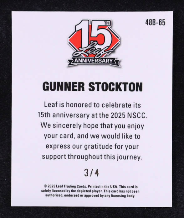 Gunner Stockton 2025 Leaf 15th Anniversary '48 Leaf Red Sparkle #48B65 #3/4 RC at PristineAuction.com Gunner Stockton 2025 Leaf 15th Anniversary '48 Leaf Red Sparkle #48B65 #3/4 RC at PristineAuction.com