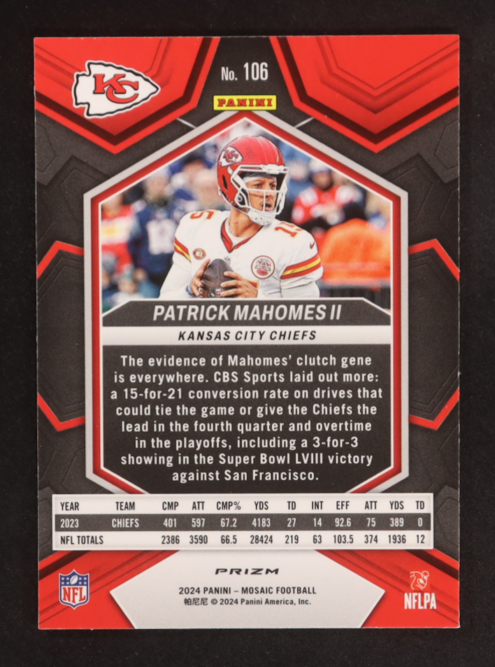 Patrick Mahomes II 2024 Panini Mosaic Mosaic Genesis #106 at PristineAuction.com Patrick Mahomes II 2024 Panini Mosaic Mosaic Genesis #106 at PristineAuction.com