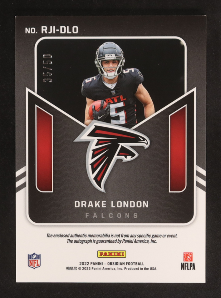 Drake London 2022 Panini Obsidian Rookie Jersey Ink Electric Etch Green #4 RC #35/50 at PristineAuction.com Drake London 2022 Panini Obsidian Rookie Jersey Ink Electric Etch Green #4 RC #35/50 at PristineAuction.com