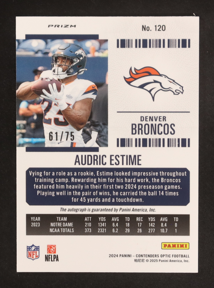 Audric Estime 2024 Panini Contenders Optic Autographs Blue #120 RC #61/75 at PristineAuction.com Audric Estime 2024 Panini Contenders Optic Autographs Blue #120 RC #61/75 at PristineAuction.com