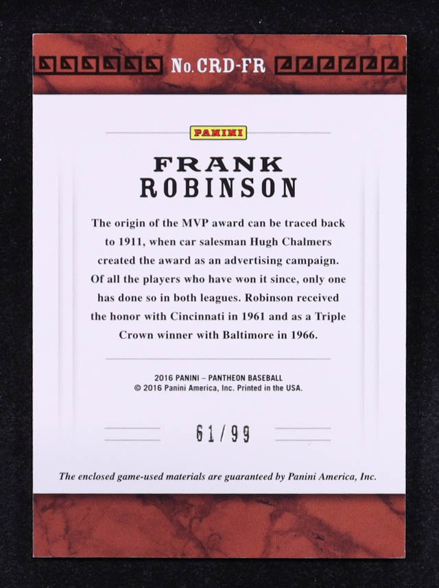 Frank Robinson 2016 Panini Pantheon Class and Rank Dual Materials #1 #61/99 at PristineAuction.com Frank Robinson 2016 Panini Pantheon Class and Rank Dual Materials #1 #61/99 at PristineAuction.com