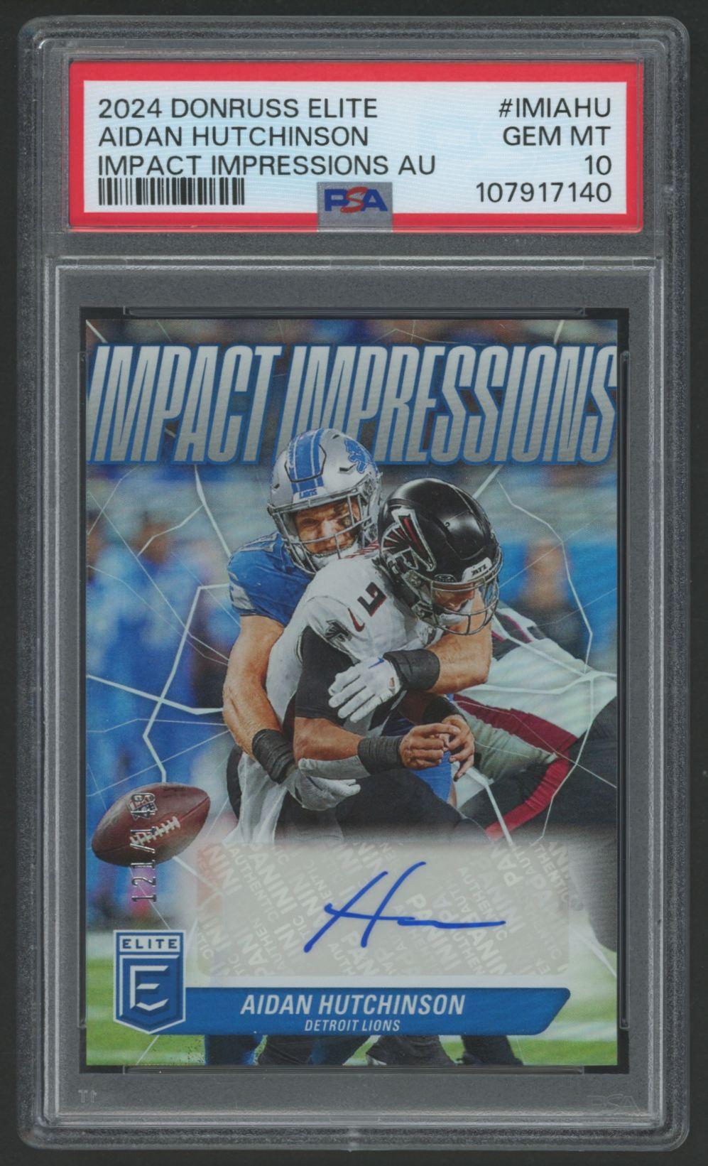 Aidan Hutchinson 2024 Donruss Elite Impact Impressions Autographs #IMIAHU #121/149 (PSA 10) at PristineAuction.com Aidan Hutchinson 2024 Donruss Elite Impact Impressions Autographs #IMIAHU #121/149 (PSA 10) at PristineAuction.com
