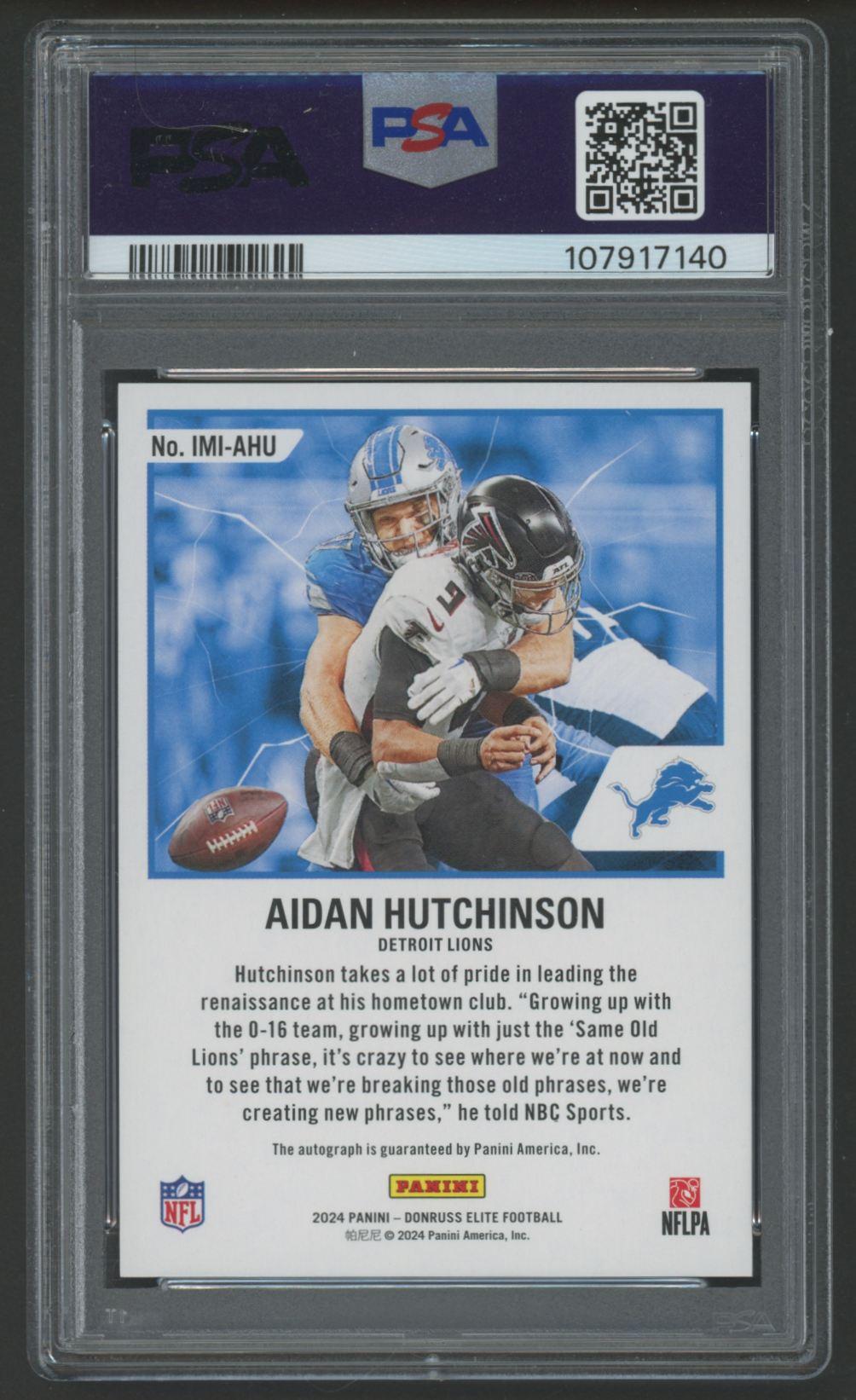 Aidan Hutchinson 2024 Donruss Elite Impact Impressions Autographs #IMIAHU #121/149 (PSA 10) at PristineAuction.com Aidan Hutchinson 2024 Donruss Elite Impact Impressions Autographs #IMIAHU #121/149 (PSA 10) at PristineAuction.com