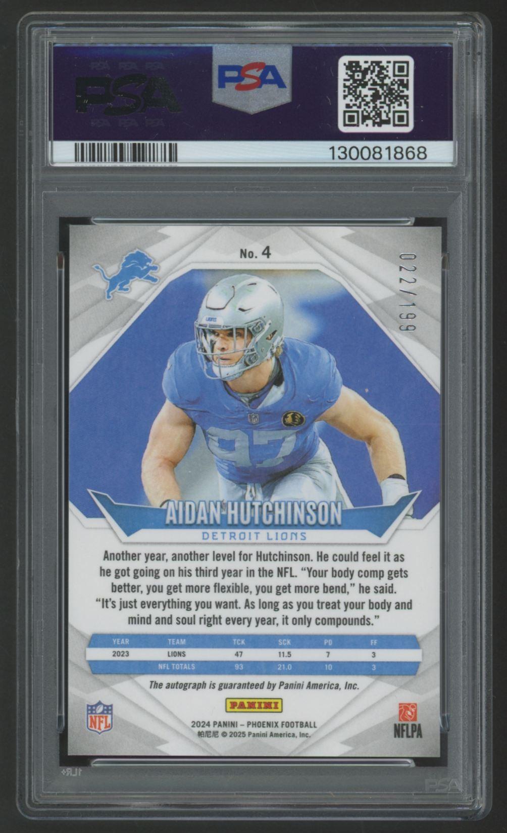 Aidan Hutchinson 2024 Panini Phoenix Autograph Silver #4 #22/199 (PSA 10) at PristineAuction.com Aidan Hutchinson 2024 Panini Phoenix Autograph Silver #4 #22/199 (PSA 10) at PristineAuction.com