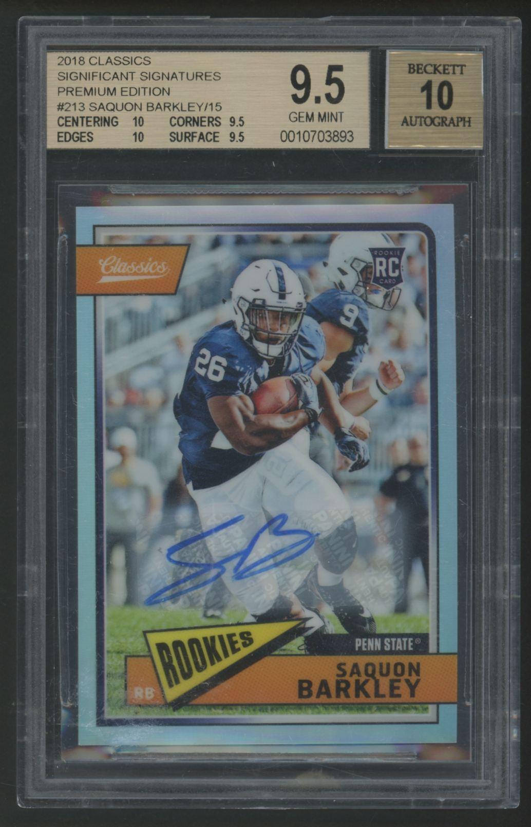 Saquon Barkley 2018 Classics Significant Signatures Premium Edition #213 #9/15 RC (BGS 9.5 | Auto 10) at PristineAuction.com Saquon Barkley 2018 Classics Significant Signatures Premium Edition #213 #9/15 RC (BGS 9.5 | Auto 10) at PristineAuction.com