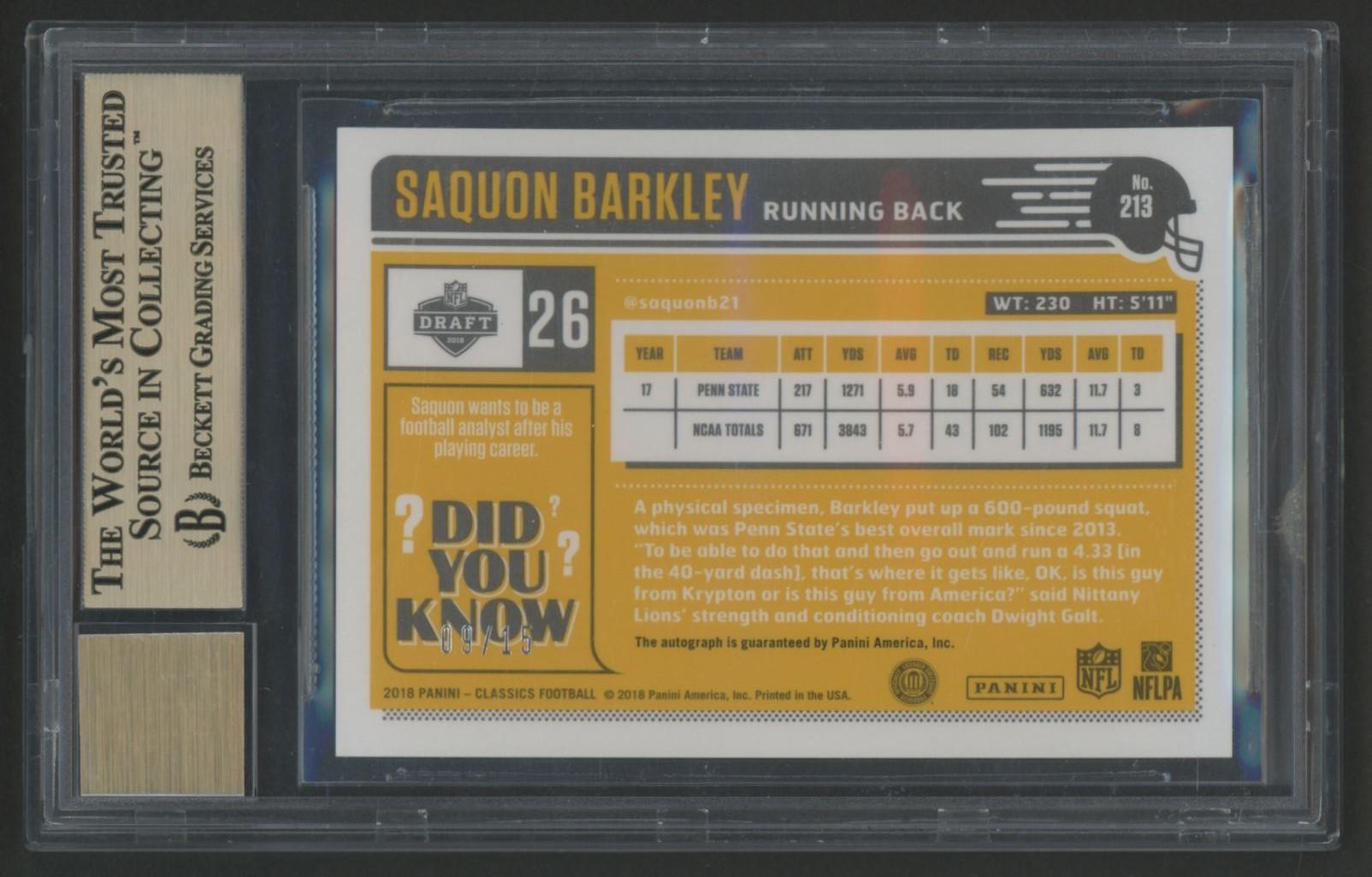 Saquon Barkley 2018 Classics Significant Signatures Premium Edition #213 #9/15 RC (BGS 9.5 | Auto 10) at PristineAuction.com Saquon Barkley 2018 Classics Significant Signatures Premium Edition #213 #9/15 RC (BGS 9.5 | Auto 10) at PristineAuction.com