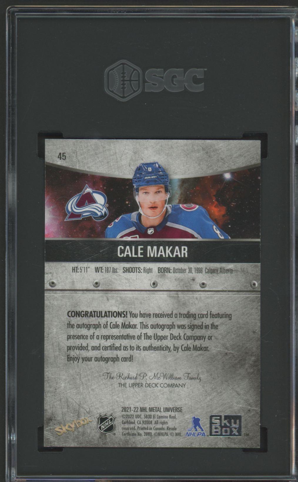 Cale Makar 2021-22 Skybox Metal Universe Autographed #45 (SGC 9) at PristineAuction.com Cale Makar 2021-22 Skybox Metal Universe Autographed #45 (SGC 9) at PristineAuction.com