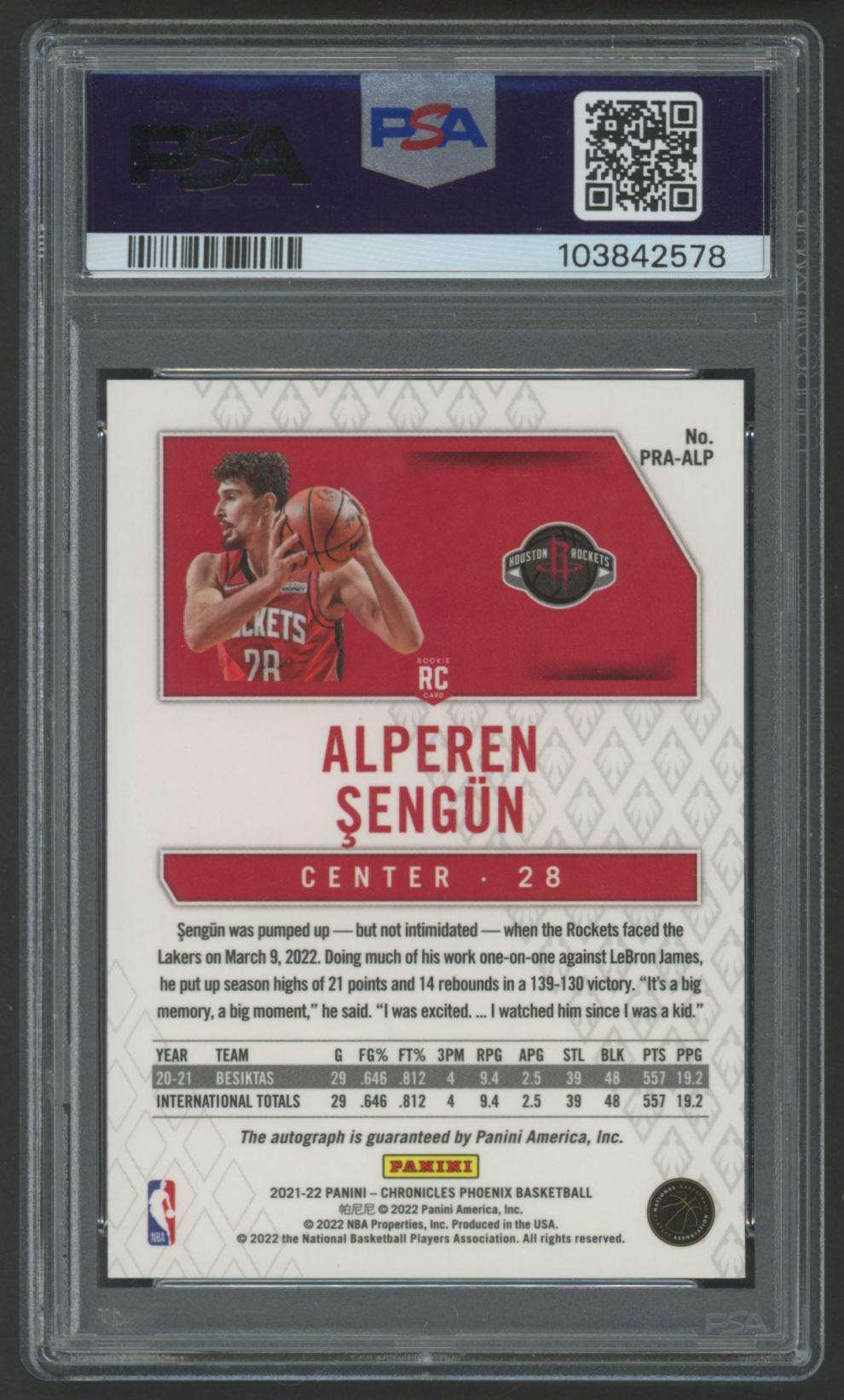 Alperen Sengun 2021 Chronicles Phoenix Rookie Autograph Red #PRAALP (PSA 10) at PristineAuction.com Alperen Sengun 2021 Chronicles Phoenix Rookie Autograph Red #PRAALP (PSA 10) at PristineAuction.com