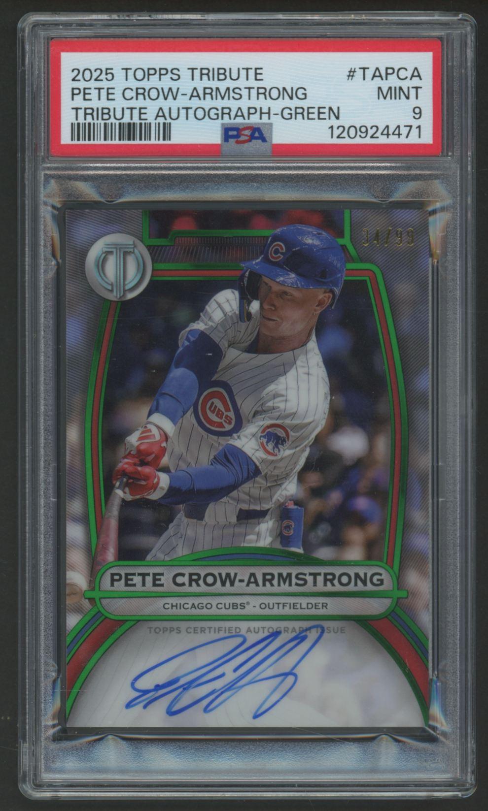 Pete Crow-Armstrong 2025 Topps Tribute Autograph Green #TAPCA #34/99 (PSA 9) at PristineAuction.com Pete Crow-Armstrong 2025 Topps Tribute Autograph Green #TAPCA #34/99 (PSA 9) at PristineAuction.com