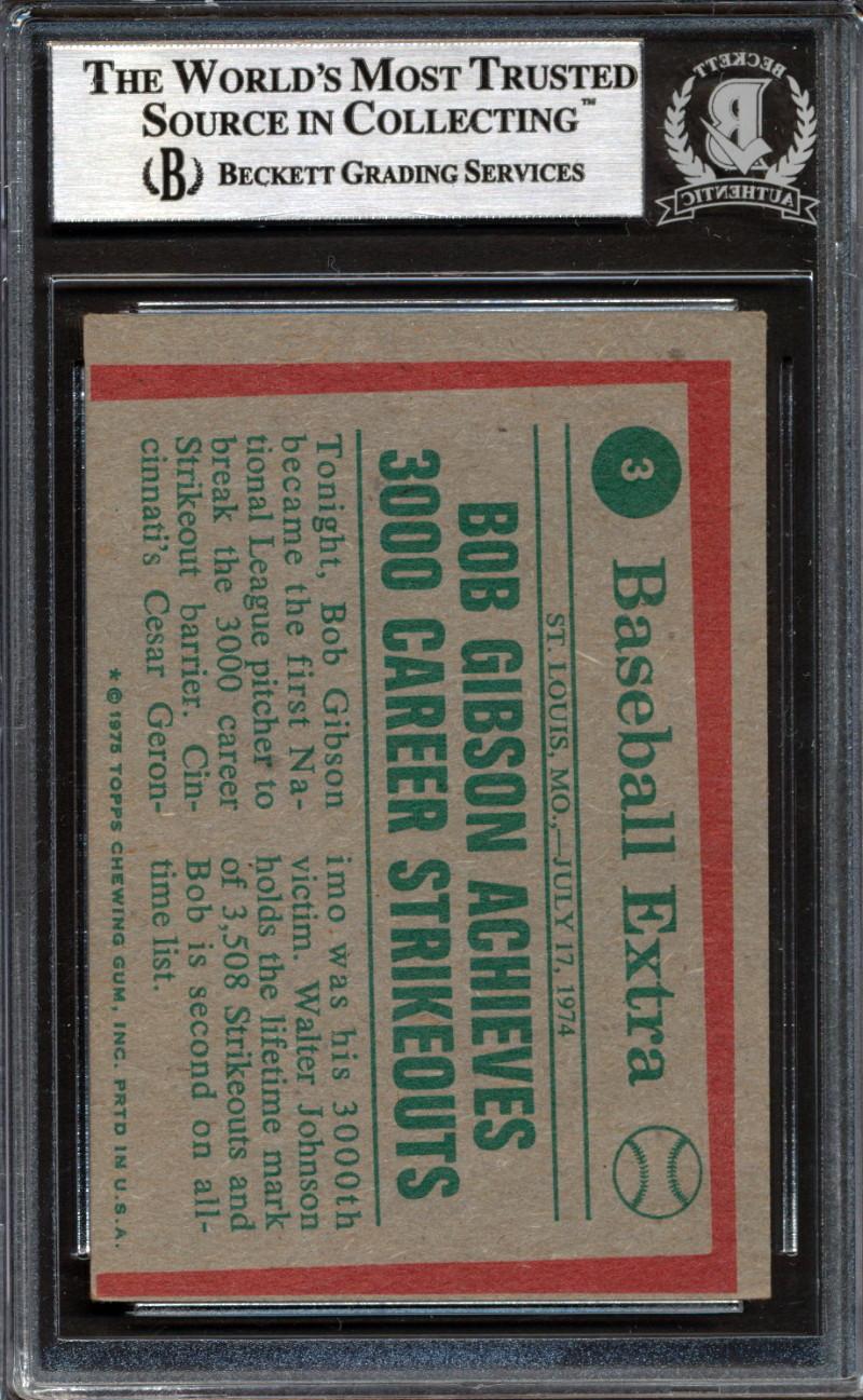 Bob Gibson Signed 1975 Topps #3 HL (BGS) at PristineAuction.com Bob Gibson Signed 1975 Topps #3 HL (BGS) at PristineAuction.com