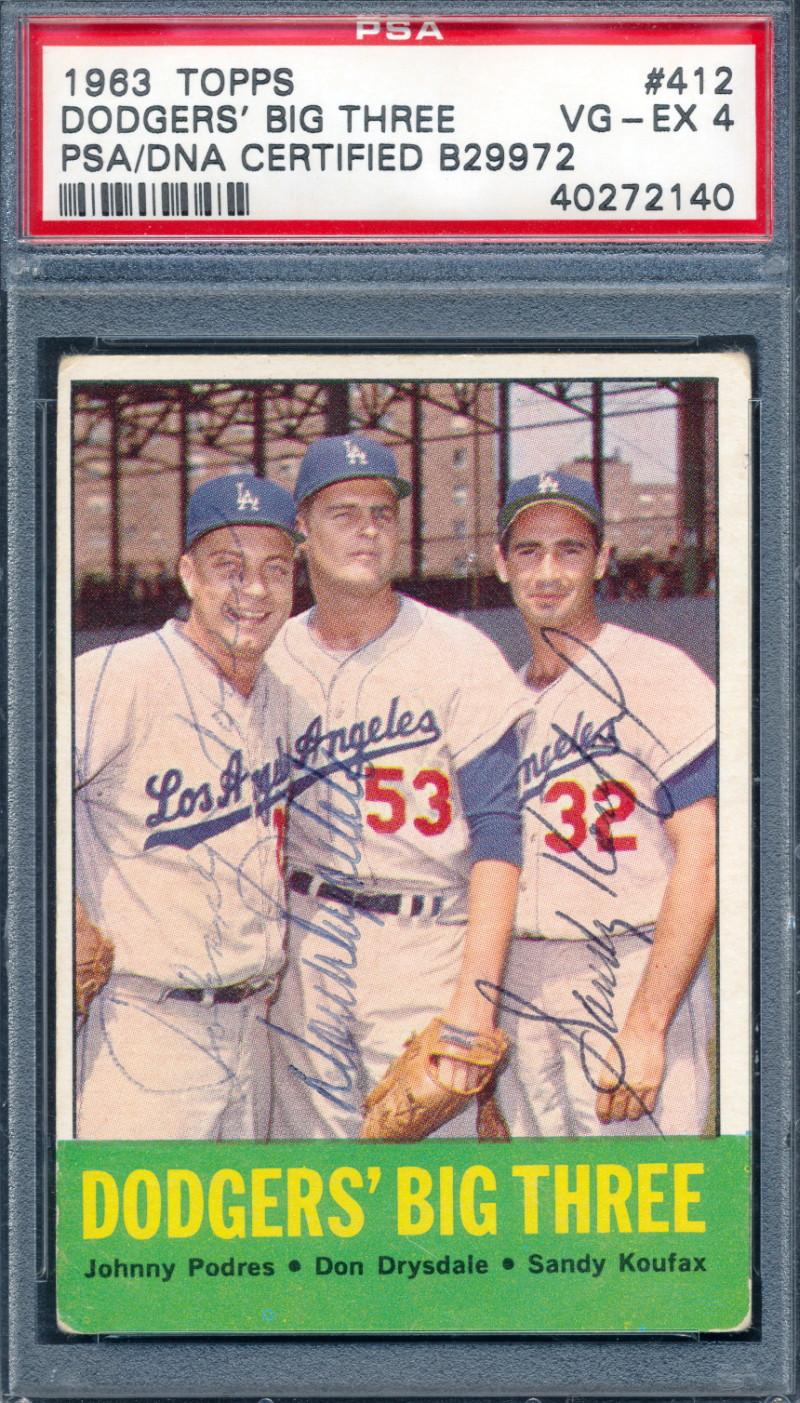 Johnny Podres, Don Drysdale & Sandy Koufax Signed 1963 Topps Dodgers Big Three #412 (PSA 4) at PristineAuction.com Johnny Podres, Don Drysdale & Sandy Koufax Signed 1963 Topps Dodgers Big Three #412 (PSA 4) at PristineAuction.com