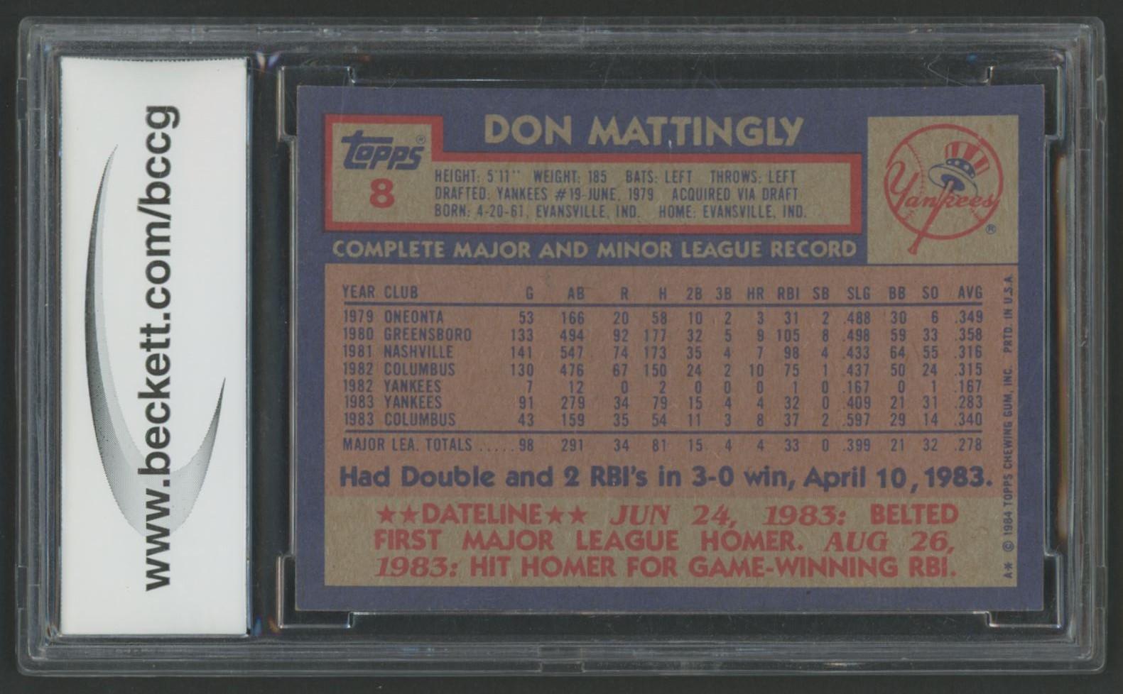 Don Mattingly 1984 Topps #8 RC (BCCG 10) at PristineAuction.com Don Mattingly 1984 Topps #8 RC (BCCG 10) at PristineAuction.com