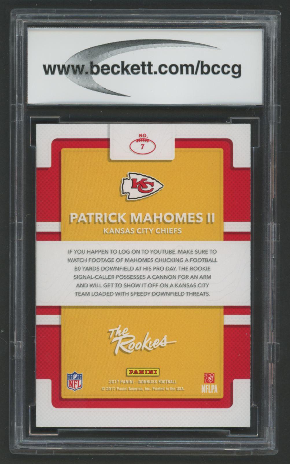 Patrick Mahomes II 2017 Donruss The Rookies #7 RC (BCCG 9) at PristineAuction.com Patrick Mahomes II 2017 Donruss The Rookies #7 RC (BCCG 9) at PristineAuction.com