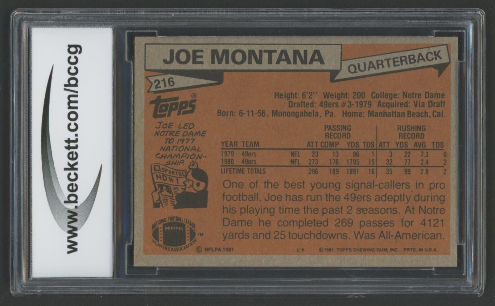Joe Montana 1981 Topps #216 RC (BCCG 8) at PristineAuction.com Joe Montana 1981 Topps #216 RC (BCCG 8) at PristineAuction.com