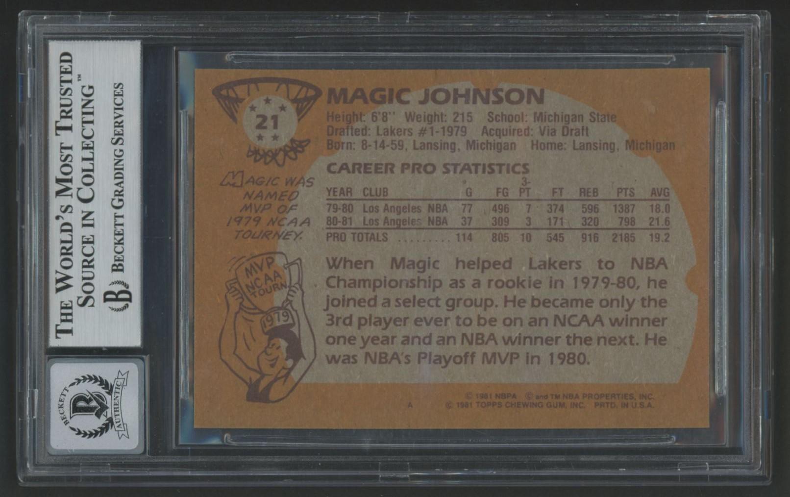 Magic Johnson 1981-82 Topps #21 (BGS | Auto 10) at PristineAuction.com Magic Johnson 1981-82 Topps #21 (BGS | Auto 10) at PristineAuction.com