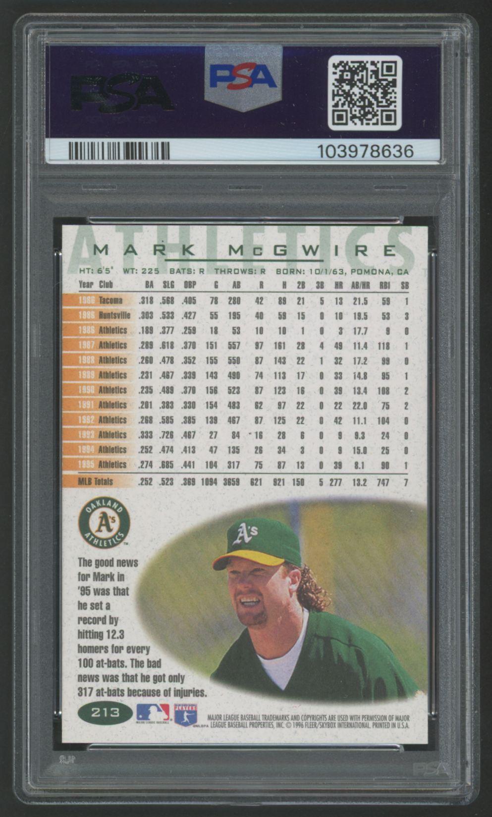 Mark McGwire 1996 Fleer #213 (PSA 10) at PristineAuction.com Mark McGwire 1996 Fleer #213 (PSA 10) at PristineAuction.com