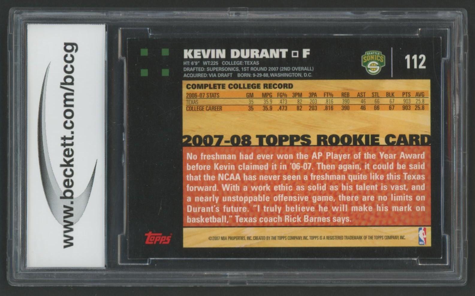 Kevin Durant 2007-08 Topps #112 RC (BCCG 10) at PristineAuction.com Kevin Durant 2007-08 Topps #112 RC (BCCG 10) at PristineAuction.com