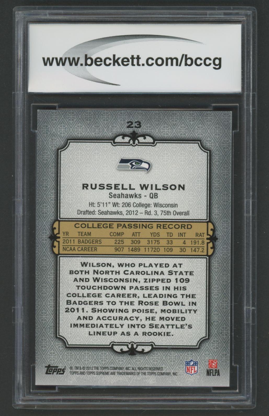 Russell Wilson 2012 Topps Supreme #23 #81/462 (BCCG 10) at PristineAuction.com Russell Wilson 2012 Topps Supreme #23 #81/462 (BCCG 10) at PristineAuction.com