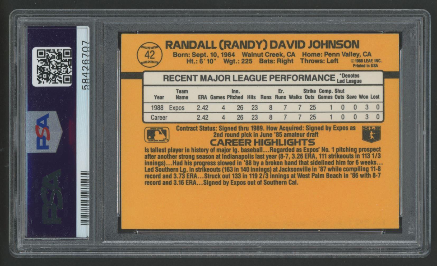 Randy Johnson Signed 1989 Donruss #42 (PSA 9) at PristineAuction.com Randy Johnson Signed 1989 Donruss #42 (PSA 9) at PristineAuction.com