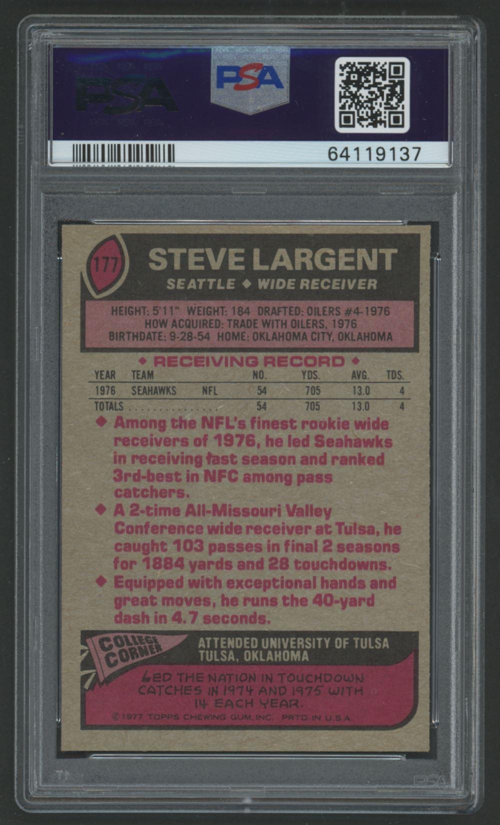 Steve Largent Signed 1977 Topps #177 RC Inscribed "HOF 95" (PSA 6 | Autograph Graded 10) at PristineAuction.com Steve Largent Signed 1977 Topps #177 RC Inscribed "HOF 95" (PSA 6 | Autograph Graded 10) at PristineAuction.com