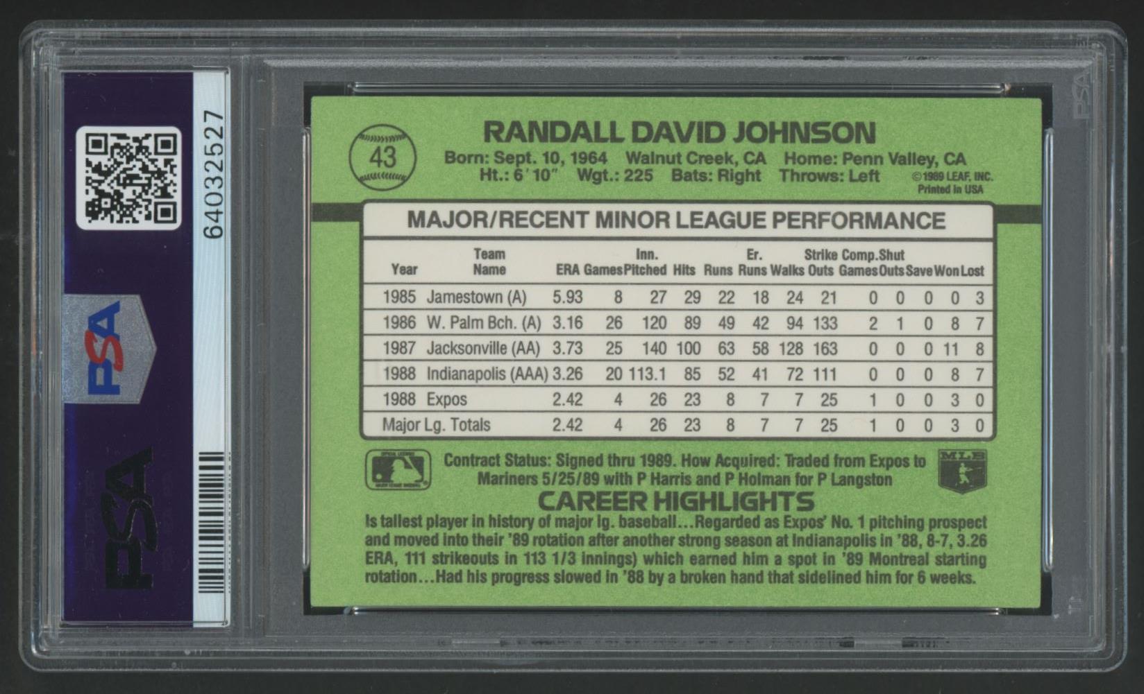 Randy Johnson Signed 1989 Donruss Rookies #43 (PSA 8 | Autograph Graded 10) at PristineAuction.com Randy Johnson Signed 1989 Donruss Rookies #43 (PSA 8 | Autograph Graded 10) at PristineAuction.com