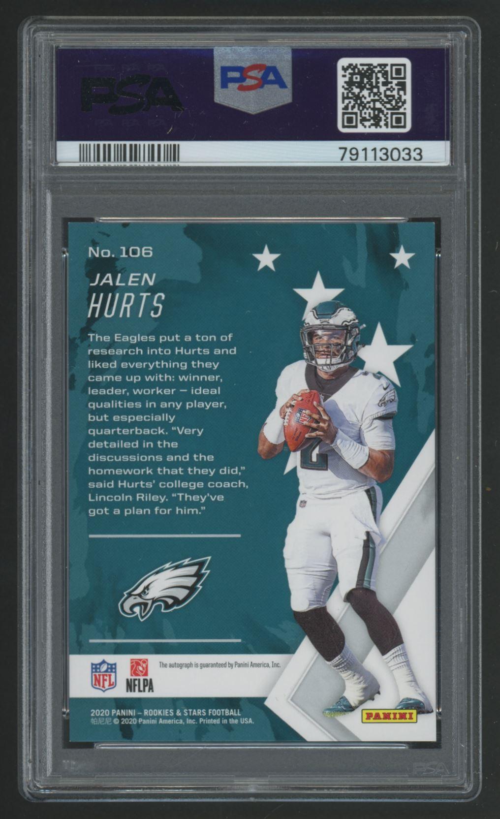 Jalen Hurts 2020 Rookies and Stars Rookies Longevity Signatures True Blue #106 #45/75 (PSA 8) at PristineAuction.com Jalen Hurts 2020 Rookies and Stars Rookies Longevity Signatures True Blue #106 #45/75 (PSA 8) at PristineAuction.com