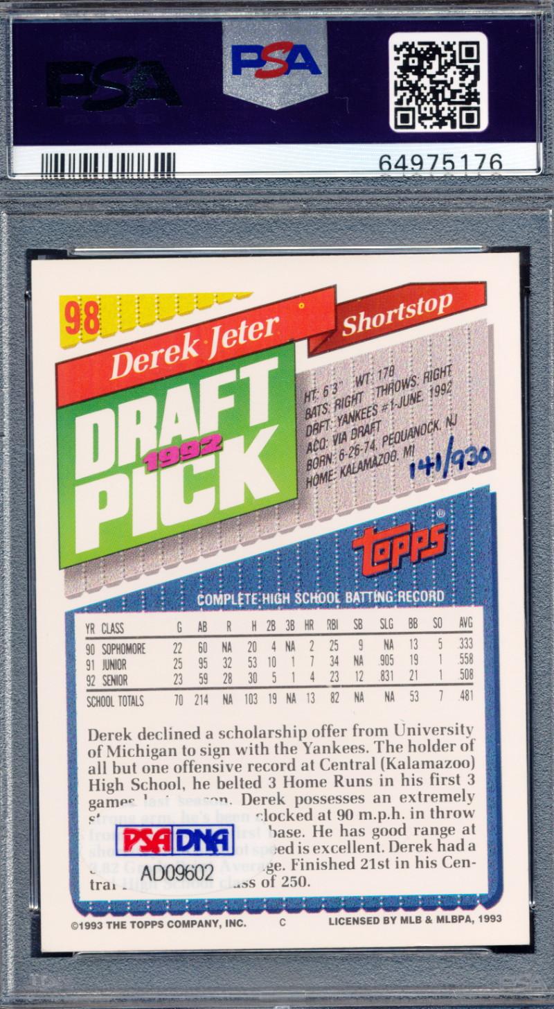 Derek Jeter Signed 1993 Topps #98 RC (PSA) at PristineAuction.com Derek Jeter Signed 1993 Topps #98 RC (PSA) at PristineAuction.com