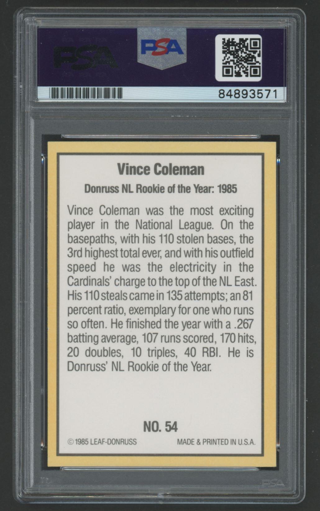 Vince Coleman Signed 1985 Donruss Highlights #54 Inscribed "85 NL ROY" (PSA | Autograph Graded 10) at PristineAuction.com Vince Coleman Signed 1985 Donruss Highlights #54 Inscribed "85 NL ROY" (PSA | Autograph Graded 10) at PristineAuction.com