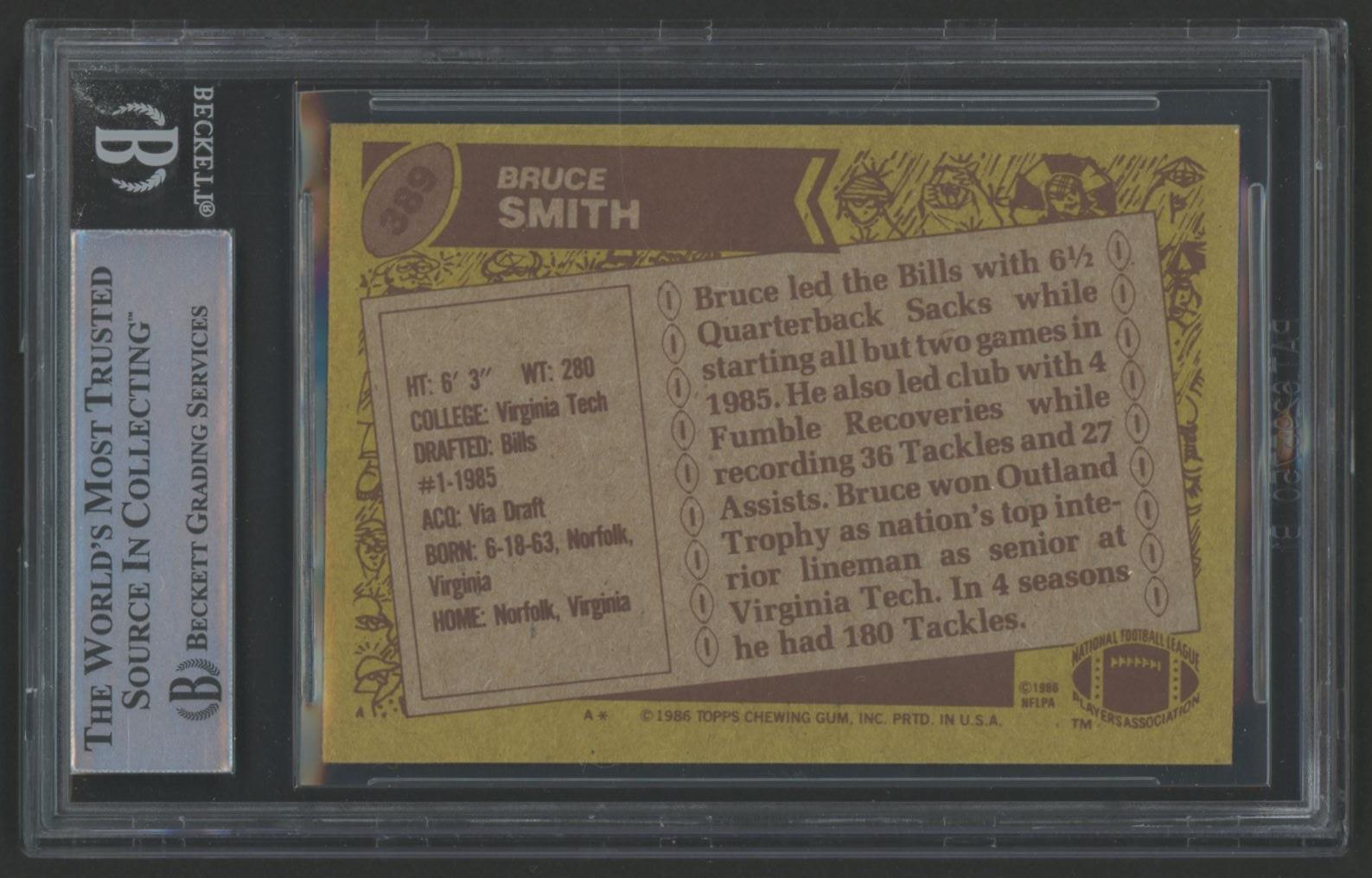 Bruce Smith Signed 1986 Topps #389 RC Inscribed "HOF 09" (BGS) at PristineAuction.com Bruce Smith Signed 1986 Topps #389 RC Inscribed "HOF 09" (BGS) at PristineAuction.com