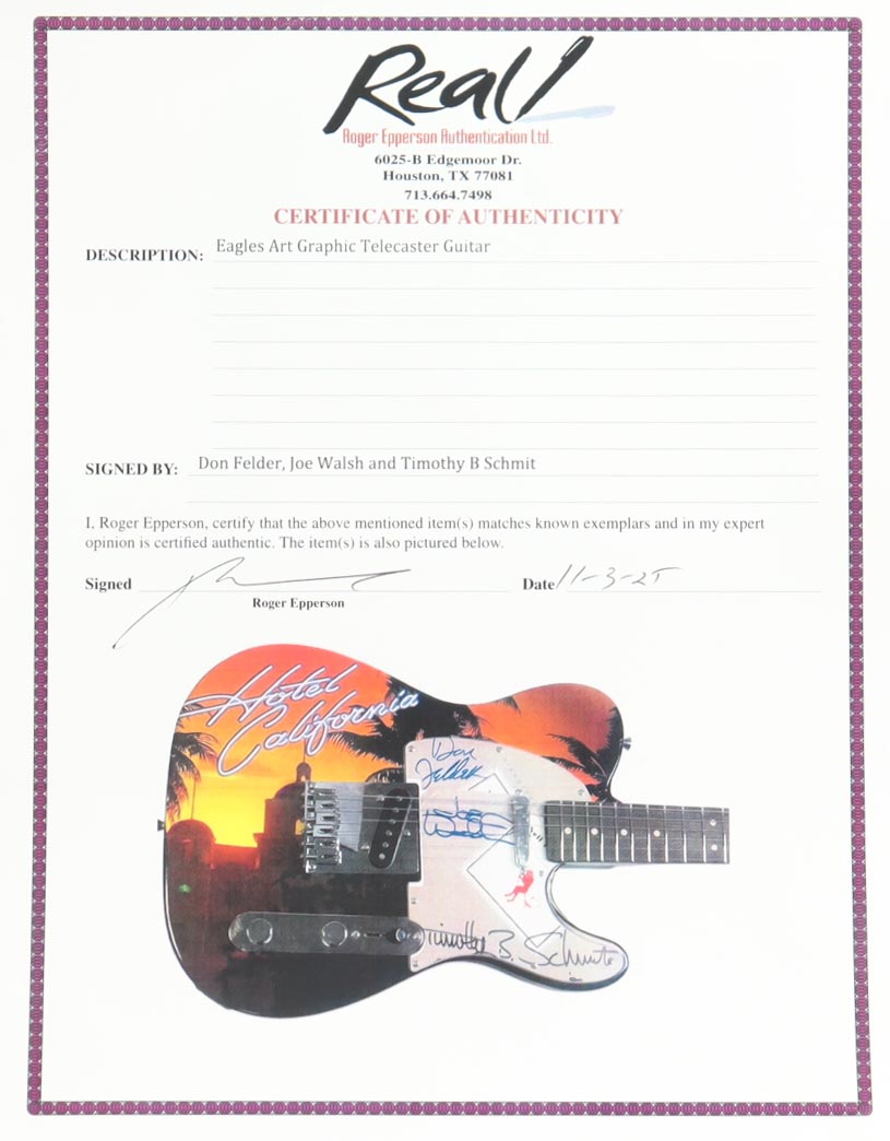 Joe Walsh, Don Felder & Timothy B. Schmit The Eagles Electric Guitar with Signed Custom Insert Pickguard (Real & AutographPros) at PristineAuction.com Joe Walsh, Don Felder & Timothy B. Schmit The Eagles Electric Guitar with Signed Custom Insert Pickguard (Real & AutographPros) at PristineAuction.com