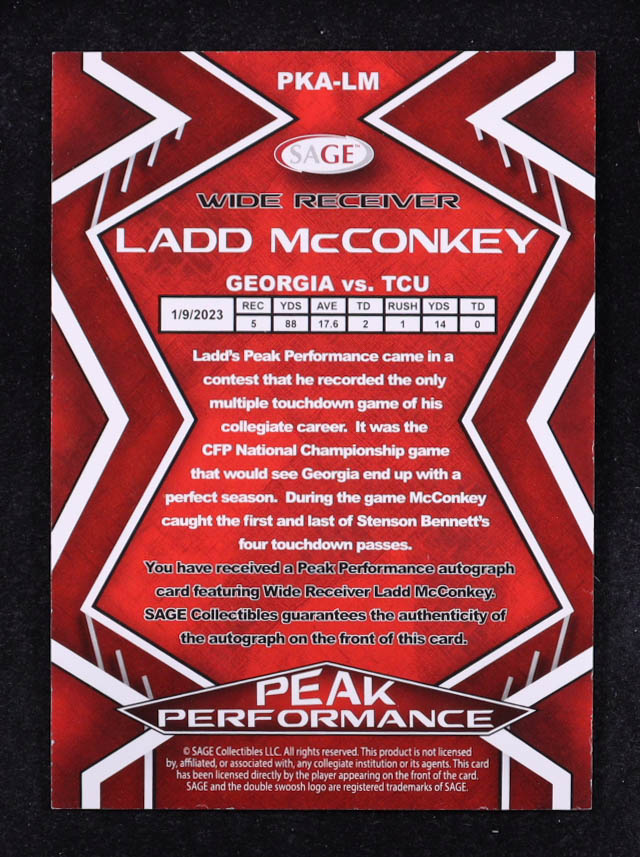 Ladd McConkey 2024 SAGE Peak Performance Autographs #PKALM RC at PristineAuction.com Ladd McConkey 2024 SAGE Peak Performance Autographs #PKALM RC at PristineAuction.com