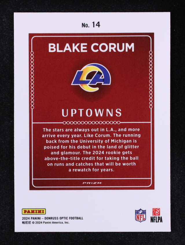 Blake Corum 2024 Donruss Optic Uptowns #14 RC at PristineAuction.com Blake Corum 2024 Donruss Optic Uptowns #14 RC at PristineAuction.com