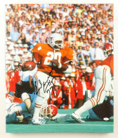 Earl Campbell Signed Texas Longhorns Custom Framed Canvas Display Inscribed "HT 77" (PSA) at PristineAuction.com