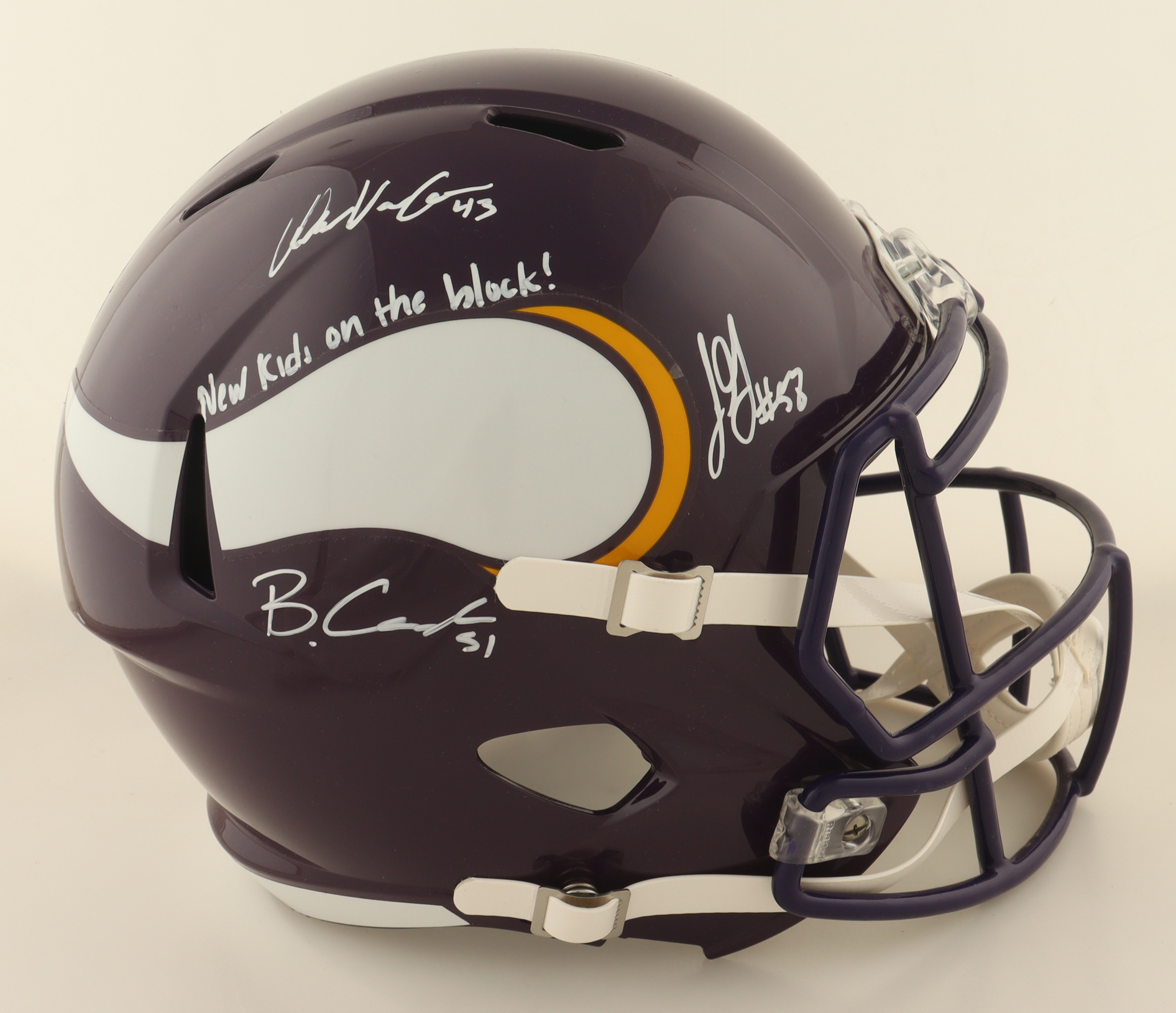 Blake Cashman, Andrew Van Ginkel & Jonathan Greenard Signed Vikings Full-Size Throwback Speed Helmet Inscribed "New Kids on the Block!" (Beckett) at PristineAuction.com Blake Cashman, Andrew Van Ginkel & Jonathan Greenard Signed Vikings Full-Size Throwback Speed Helmet Inscribed "New Kids on the Block!" (Beckett) at PristineAuction.com