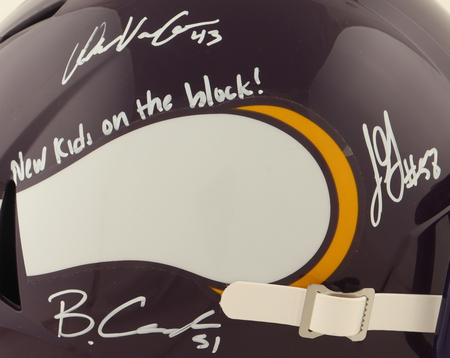 Blake Cashman, Andrew Van Ginkel & Jonathan Greenard Signed Vikings Full-Size Throwback Speed Helmet Inscribed "New Kids on the Block!" (Beckett) at PristineAuction.com Blake Cashman, Andrew Van Ginkel & Jonathan Greenard Signed Vikings Full-Size Throwback Speed Helmet Inscribed "New Kids on the Block!" (Beckett) at PristineAuction.com