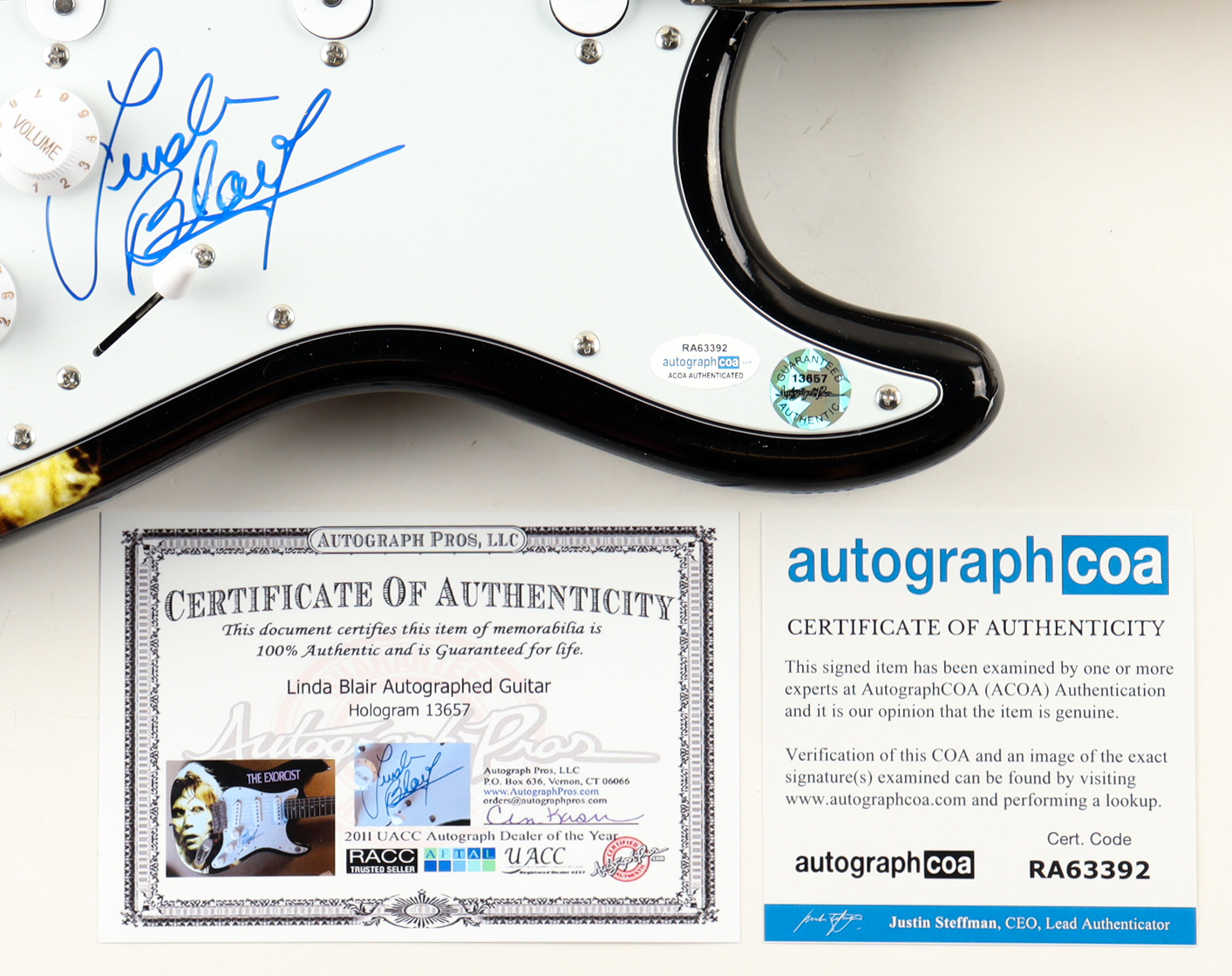 Linda Blair Signed "The Exorcist" Custom Electric Guitar (ACOA) at PristineAuction.com Linda Blair Signed "The Exorcist" Custom Electric Guitar (ACOA) at PristineAuction.com