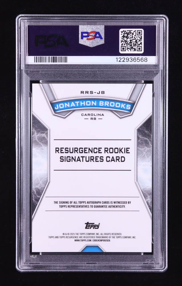 Jonathon Brooks 2024 Topps Resurgence Resurgence Rookie Signatures #RRSJB RC (PSA 9 | Autograph Graded PSA 10) at PristineAuction.com Jonathon Brooks 2024 Topps Resurgence Resurgence Rookie Signatures #RRSJB RC (PSA 9 | Autograph Graded PSA 10) at PristineAuction.com