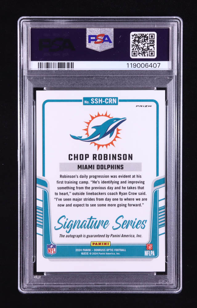 Chop Robinson 2024 Donruss Optic Signature Series Holo #10 RC (PSA 9 | Autograph Graded PSA 10) at PristineAuction.com Chop Robinson 2024 Donruss Optic Signature Series Holo #10 RC (PSA 9 | Autograph Graded PSA 10) at PristineAuction.com