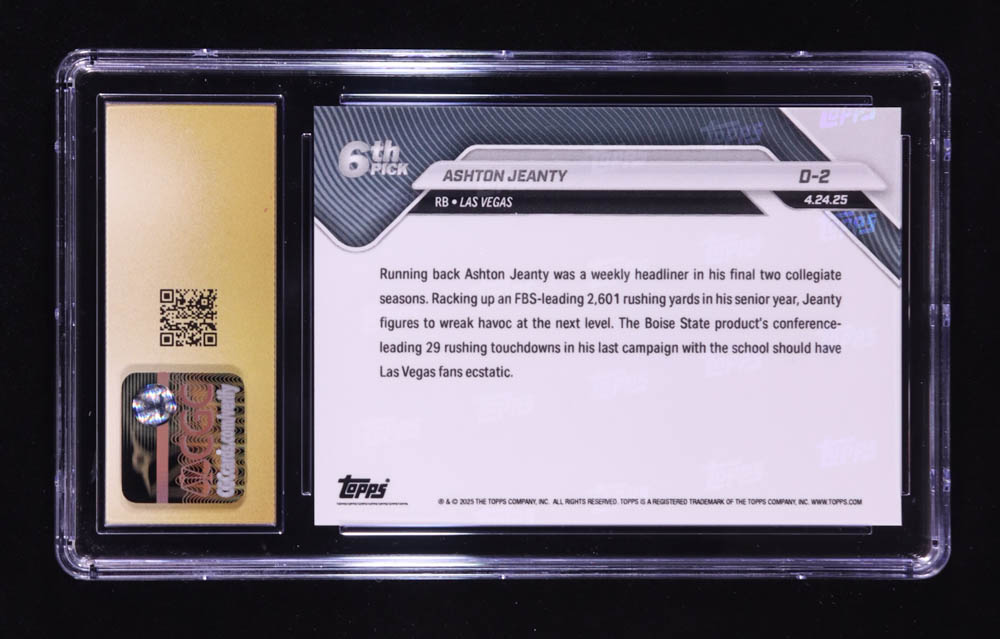 Ashton Jeanty 2025 Topps Now Draft #D2 RC (CGC 10 | Pristine Black Label) at PristineAuction.com Ashton Jeanty 2025 Topps Now Draft #D2 RC (CGC 10 | Pristine Black Label) at PristineAuction.com
