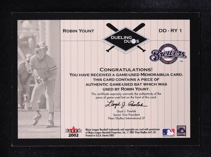 Robin Yount BAT / Dave Winfield 2002 Greats of the Game Dueling Duos Game Used Single #RY1 at PristineAuction.com Robin Yount BAT / Dave Winfield 2002 Greats of the Game Dueling Duos Game Used Single #RY1 at PristineAuction.com
