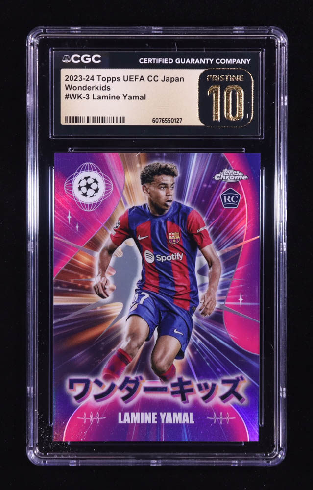 Lamine Yamal 2023-24 Topps Chrome UEFA Club Competitions Japan Wonderkids #WK3 RC (CGC 10 | Pristine Black Label) at PristineAuction.com Lamine Yamal 2023-24 Topps Chrome UEFA Club Competitions Japan Wonderkids #WK3 RC (CGC 10 | Pristine Black Label) at PristineAuction.com
