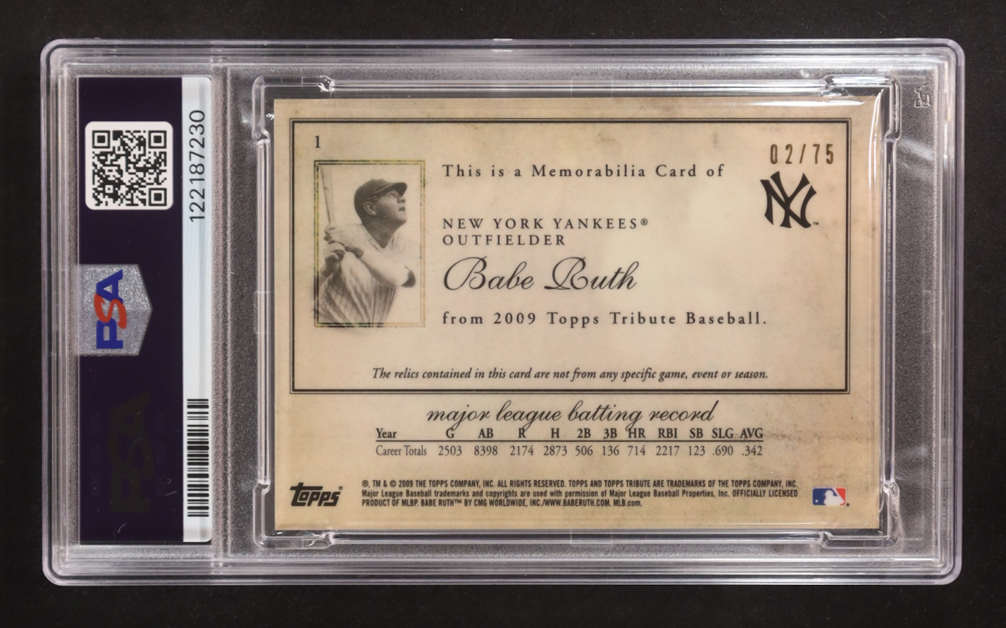 Babe Ruth 2009 Topps Tribute Relics Triple Blue #1 #02/75 (PSA 9) at PristineAuction.com Babe Ruth 2009 Topps Tribute Relics Triple Blue #1 #02/75 (PSA 9) at PristineAuction.com