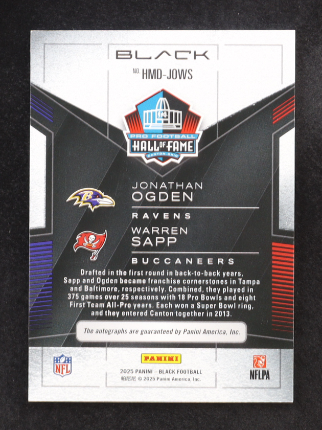 Jonathan Ogden / Warren Sapp 2025 Panini Black Hall Mates Dual Autographs Royal #7 #16/25 at PristineAuction.com Jonathan Ogden / Warren Sapp 2025 Panini Black Hall Mates Dual Autographs Royal #7 #16/25 at PristineAuction.com