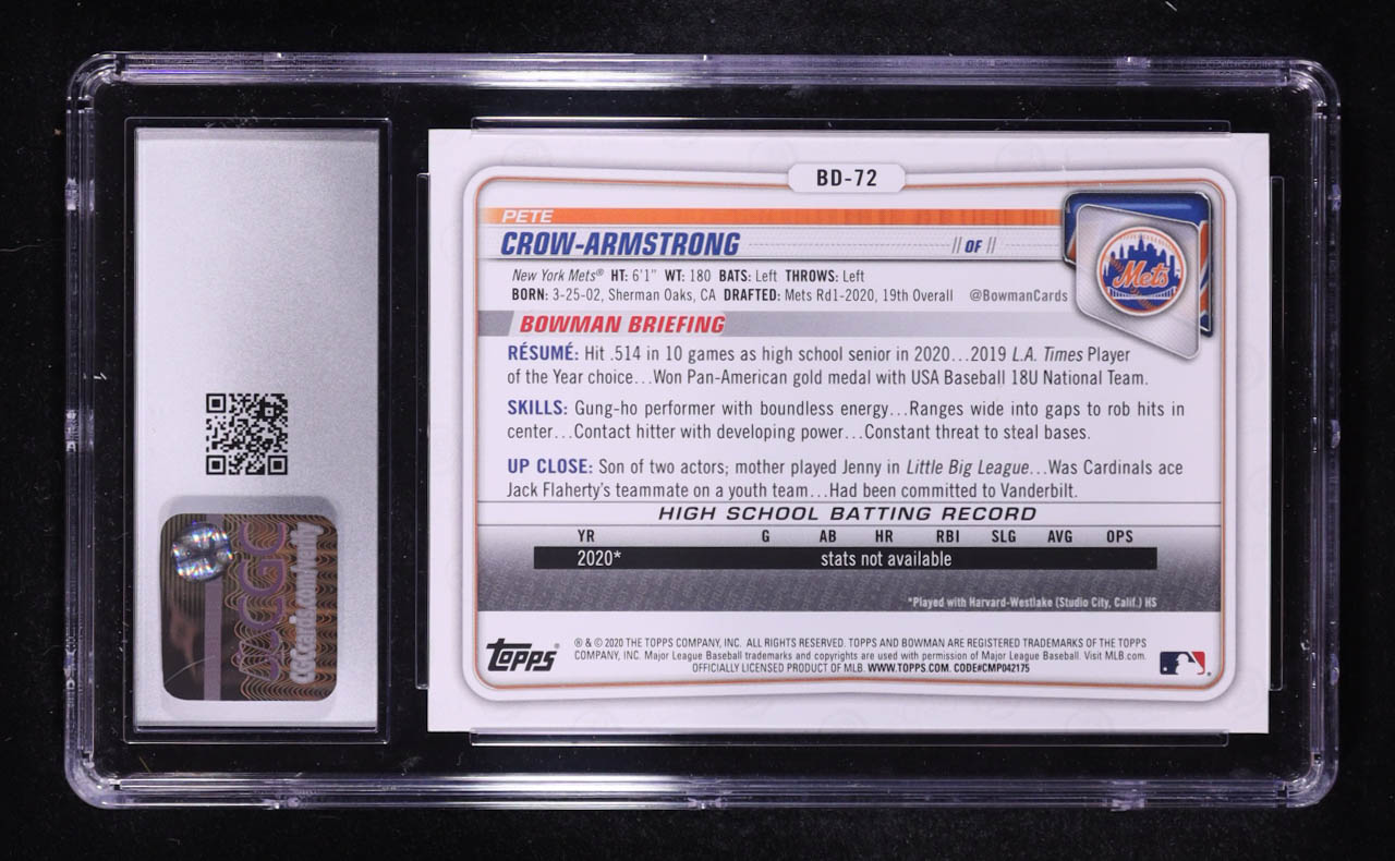 Pete Crow-Armstrong 2020 1st Bowman Draft #BD-72 RC (CGC 10) at PristineAuction.com Pete Crow-Armstrong 2020 1st Bowman Draft #BD-72 RC (CGC 10) at PristineAuction.com