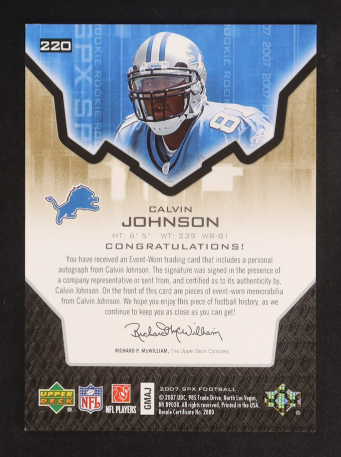 Calvin Johnson 2007 SPx Gold Rookies #220 JSY AU RC #93/99 at PristineAuction.com Calvin Johnson 2007 SPx Gold Rookies #220 JSY AU RC #93/99 at PristineAuction.com